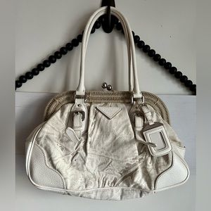 PRADA Lino Painted Bianco Linen Frame Bag Borsa Cerniera BR3516 Purse Kiss Lock